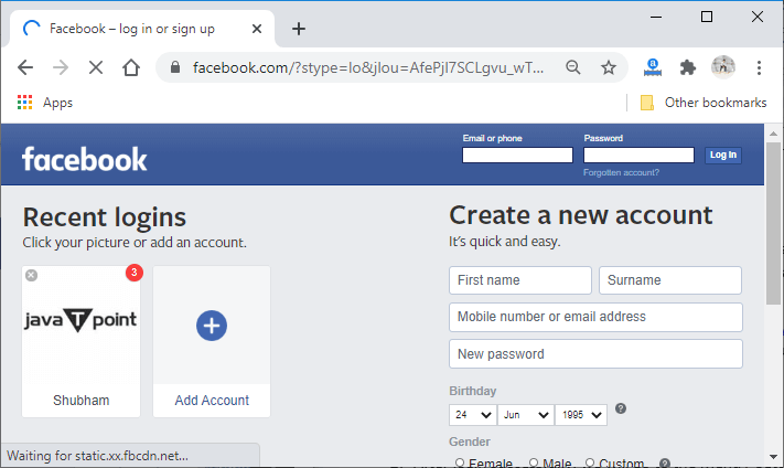 Login in to Facebook account