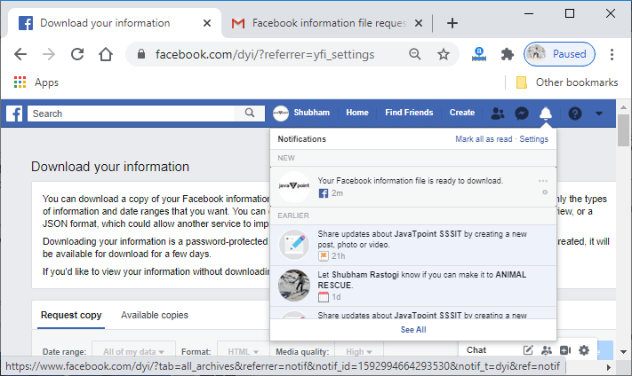 Your facebook information is ready to download